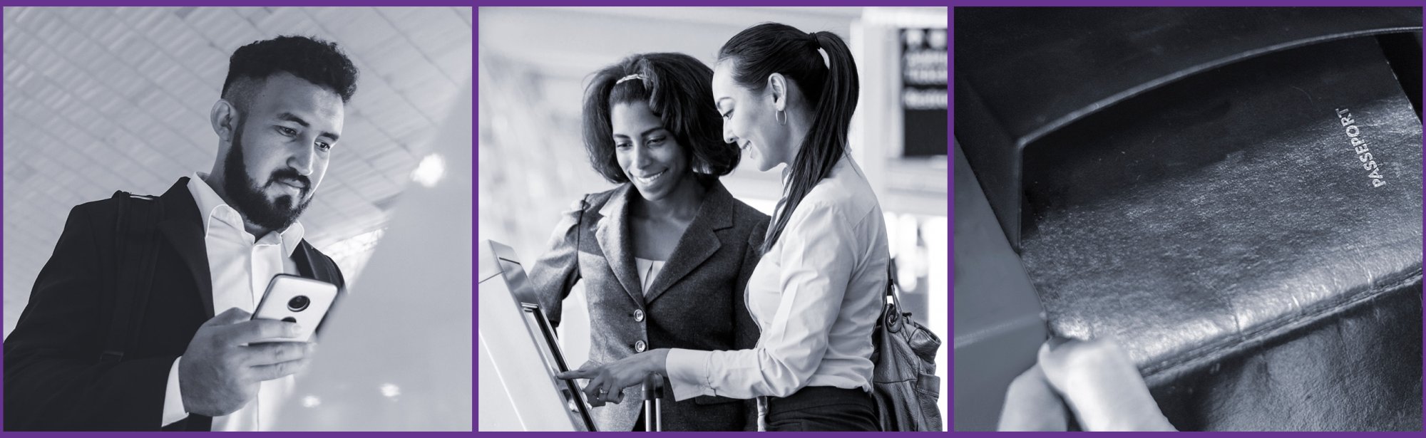 A series of photos depicting professionals using an airport kiosk, scanning their travel documents