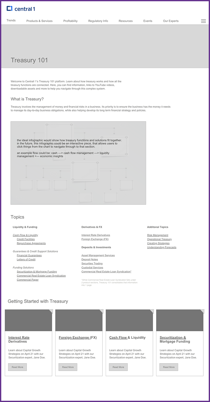 Wireframe graphic of Central 1 Treasury 101 page