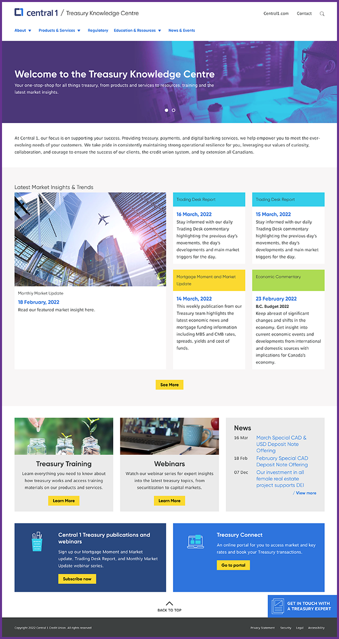 Central1 Treasury landing page screen shot