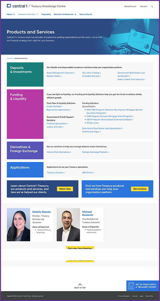 Central1 Treasury product page screen shot