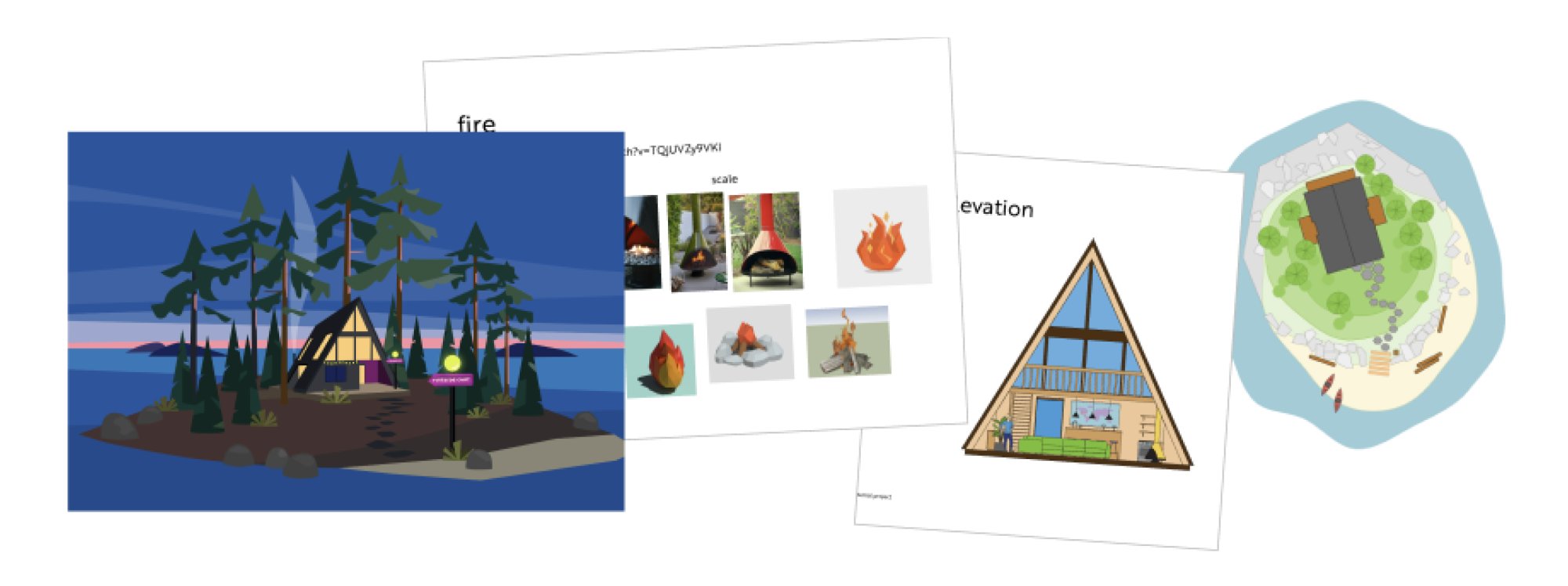 A collage of different concepts and images for the development of Fireside Chat