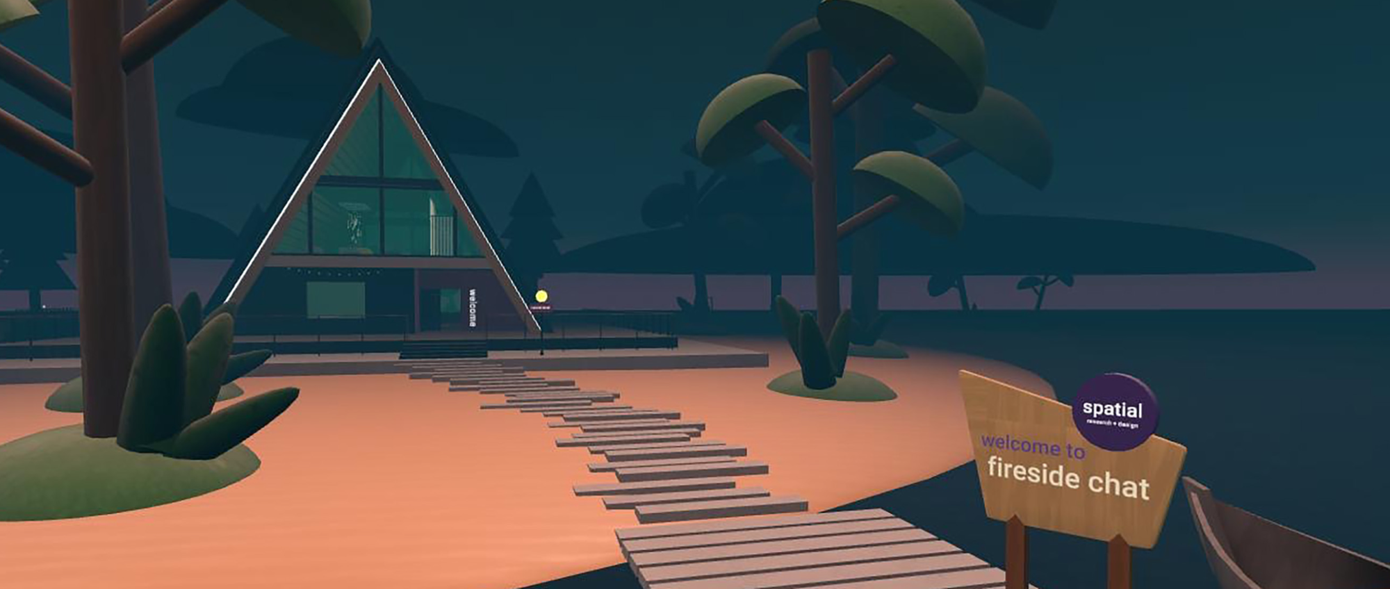 Illustration of cabin on small island with sign in foreground reading welcome to fireside chat