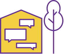 A tree next to a house that is filled with speech bubbles