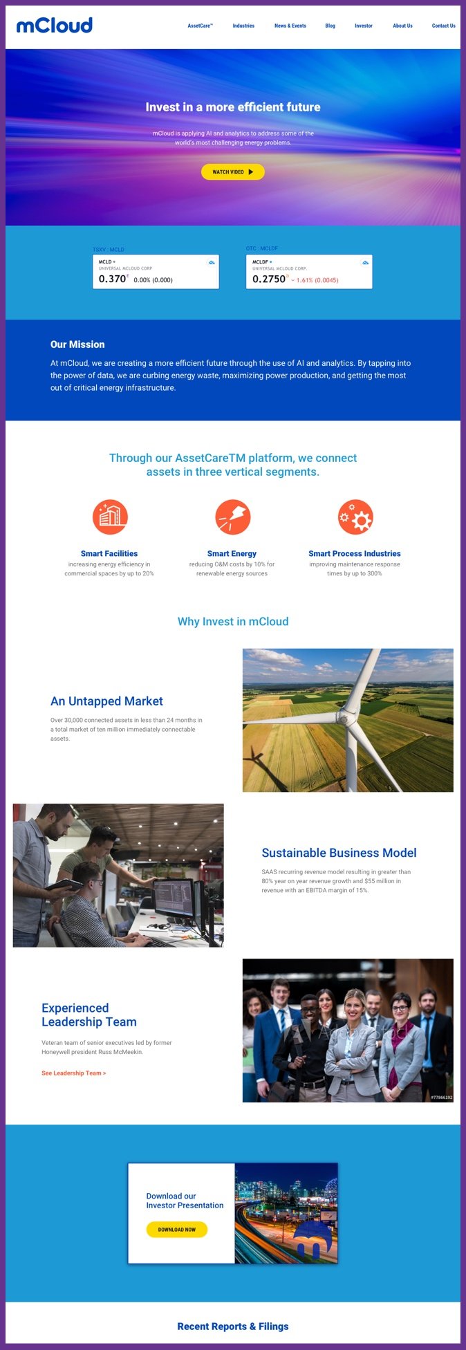 The investment informatio page of mCloud's website