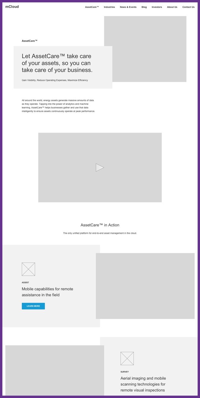 A wireframe for the AssetCare page on mCloud's site