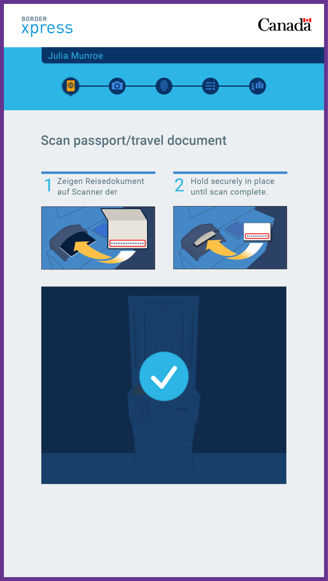 The passport scanning screen on a YVR self-serve terminal, instructing the insertion of the document