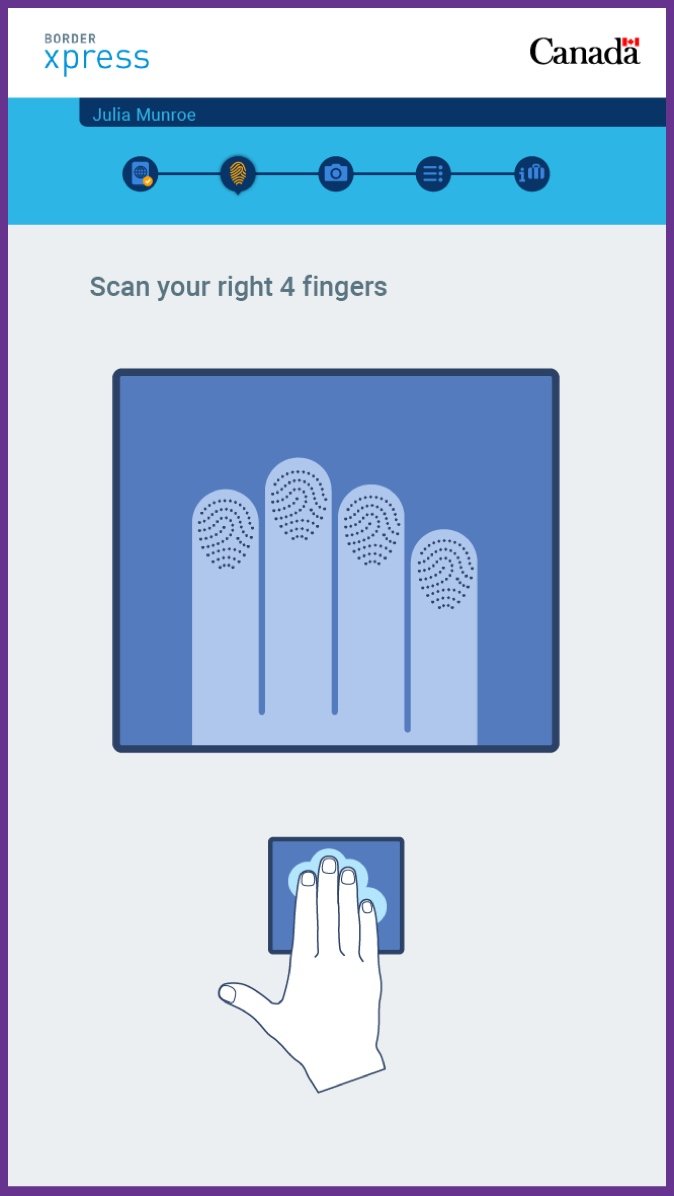 The biometrics scanning screen on a YVR self-serve terminal, instructing the placement of fingertips on the scanner