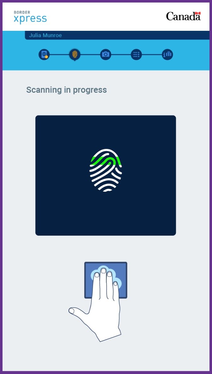The biometrics scanning screen on a YVR self-serve terminal, instructing the person to remain still