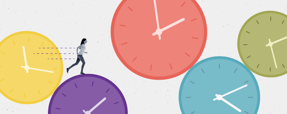Illustration of woman running across series of clocks