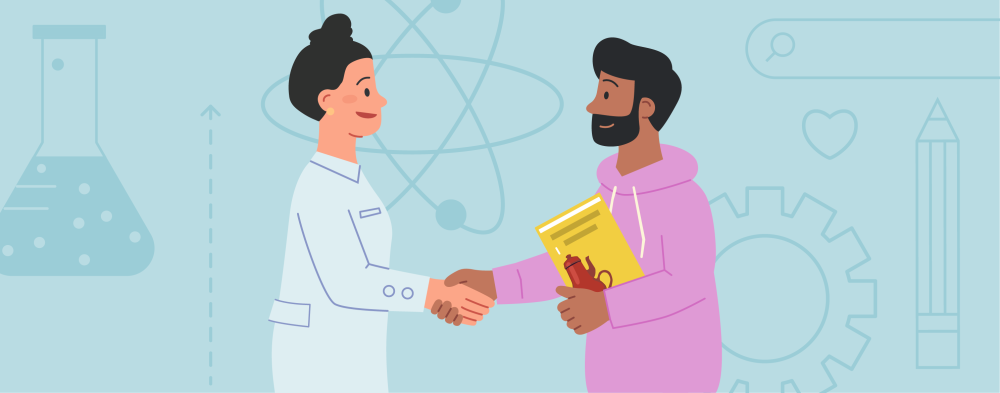 scientist and UX designer shake hands