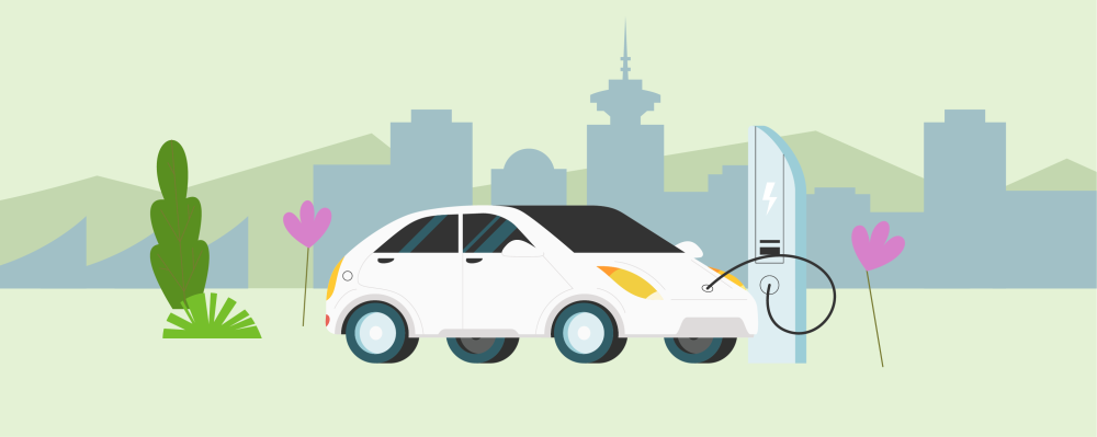 electric vehicle charging, in front of vancouver cityscape