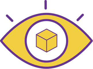XR exploration icon showing an open illustrated eye with a cube as the iris
