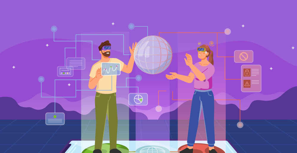 Two people experience VR. The guy on the left is having a positive experience while the girl on the right is having a negative experience