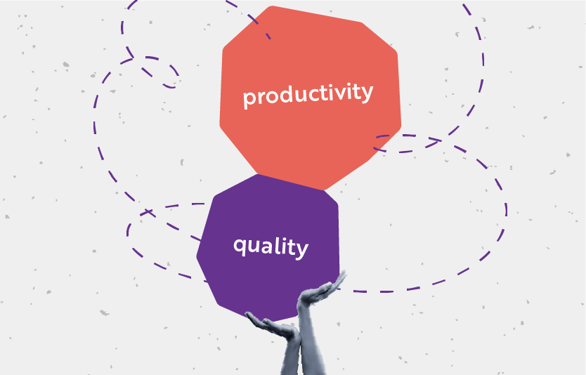 Illustration of hands balancing quality and productivity
