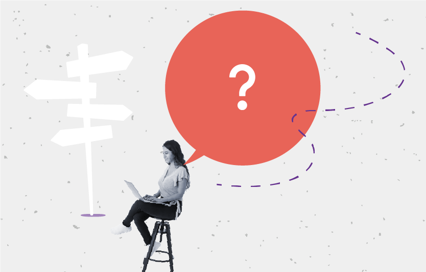 Illustration of UX designer sitting and thinking, with question mark in thought bubble